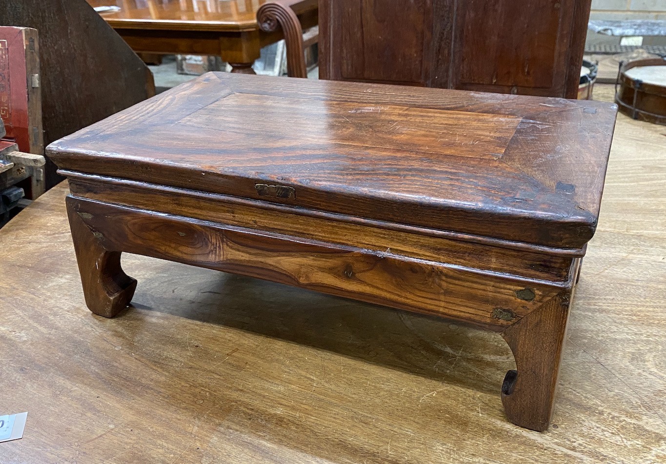 A Chinese elm Kang table, with side drawer, width 52cm depth 31cm height 21cm